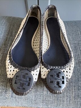 Tory Burch Cream Woven Ballet Flats with Black Logo Medallion